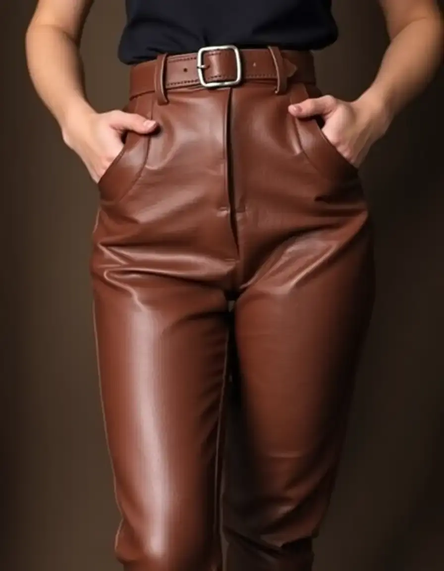 High-waisted brown leather pants with belt