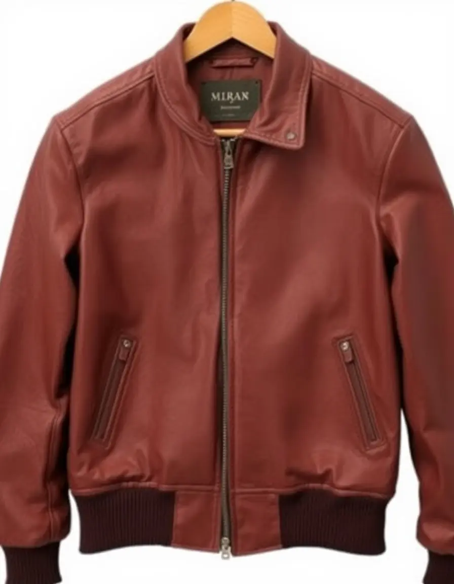 Classic brown leather bomber jacket with ribbed cuffs