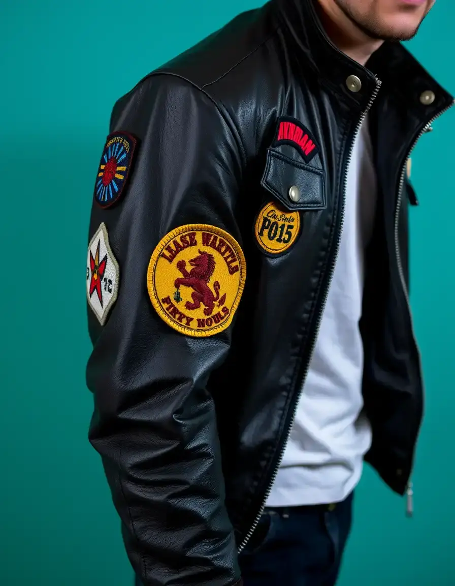 Black Leather Bomber with Patches