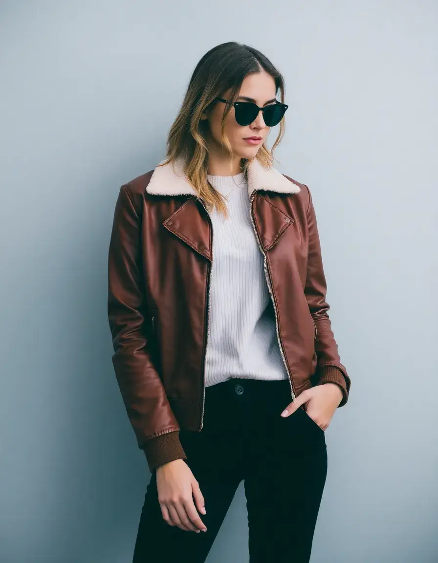 Brown bomber women's leather jacket cropped style