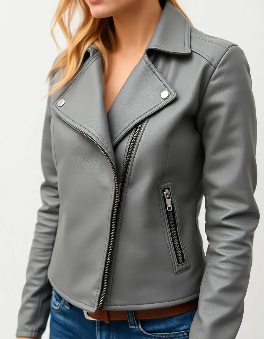 Gray moto women's leather jacket with zippers
