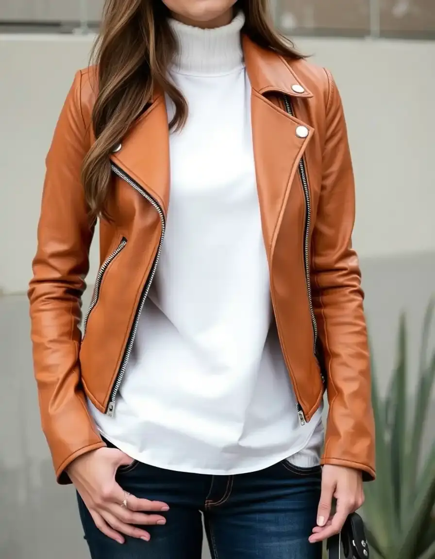 Casual tan leather jacket for women styled with jeans