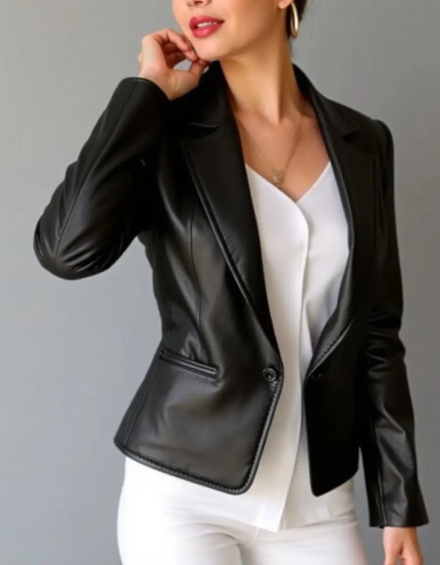 Black formal leather blazer jacket for women