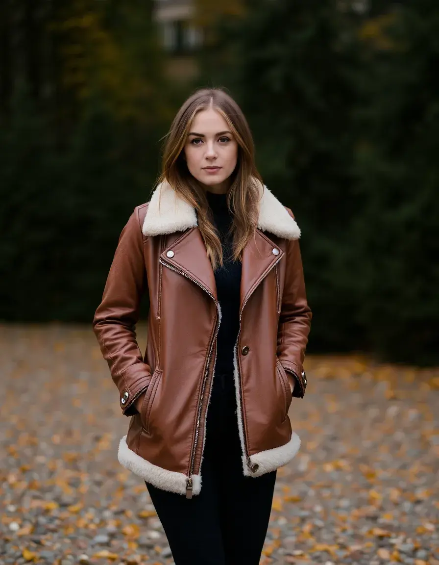 Insulated brown leather jacket for women for winter