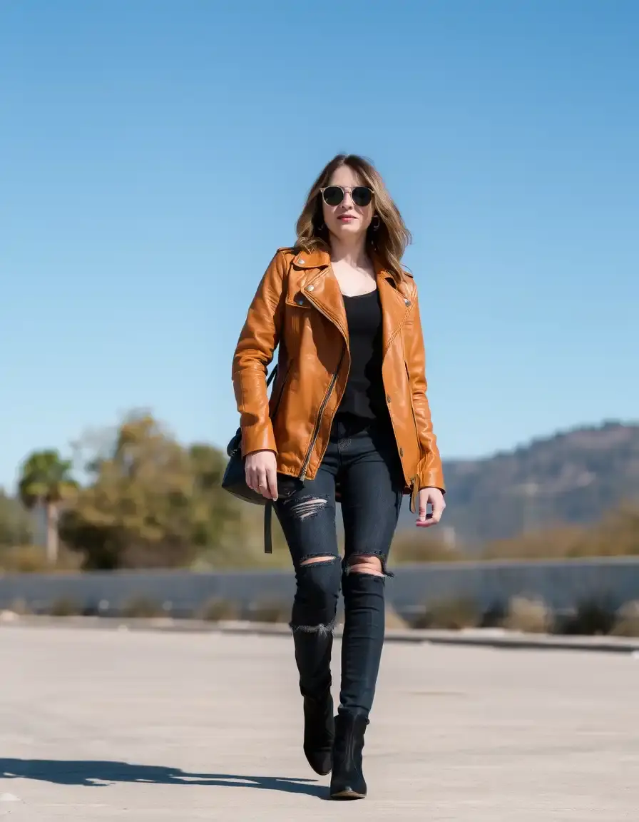 Distressed tan vintage leather jacket for women