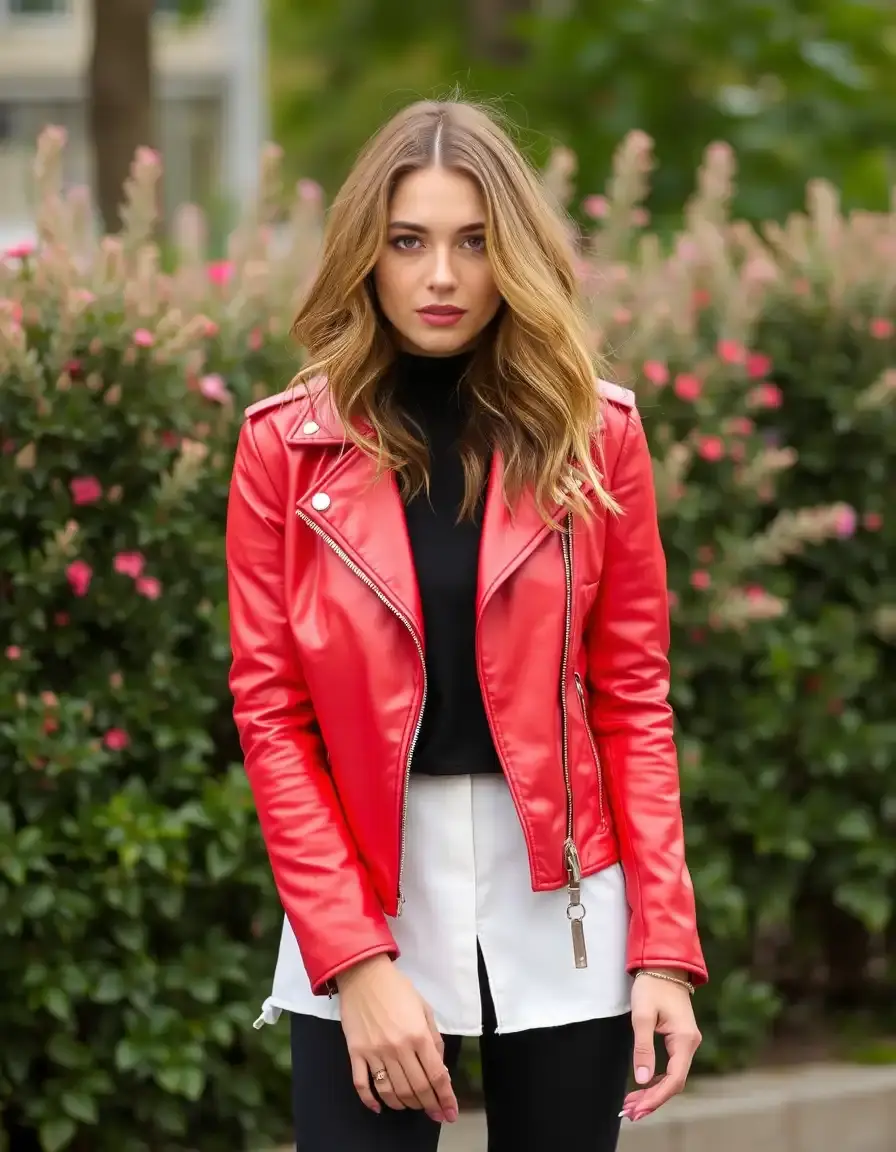 Vibrant red leather jacket for women