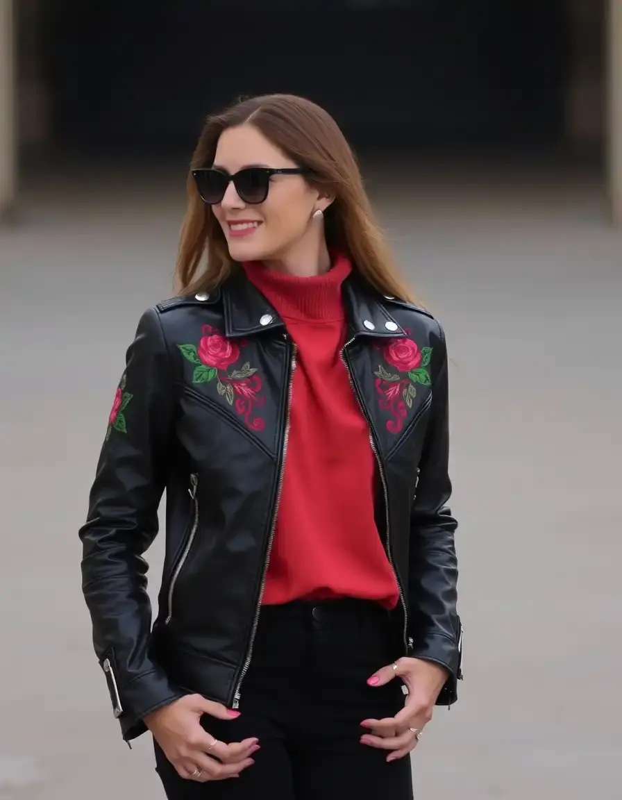 Embroidered black leather jacket for women