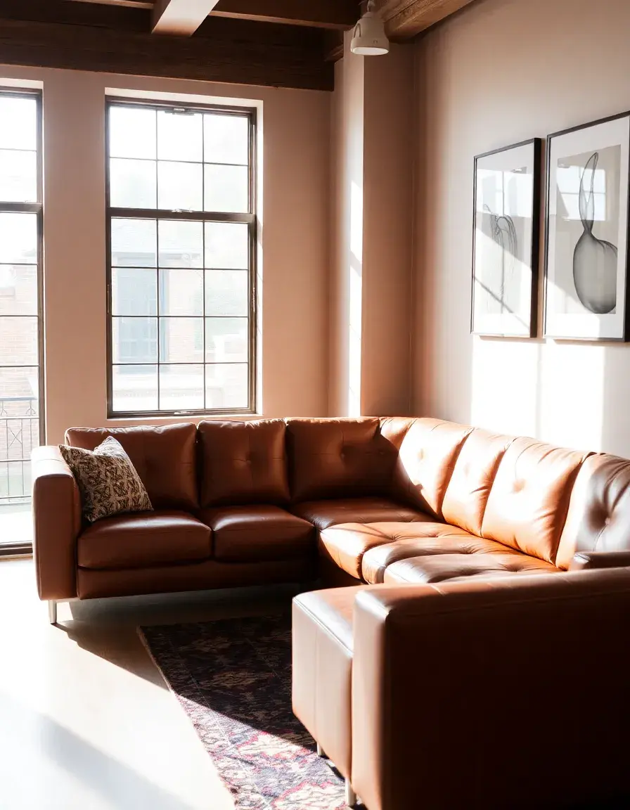 Brown L-shape corner leather sofa in a bright living room
