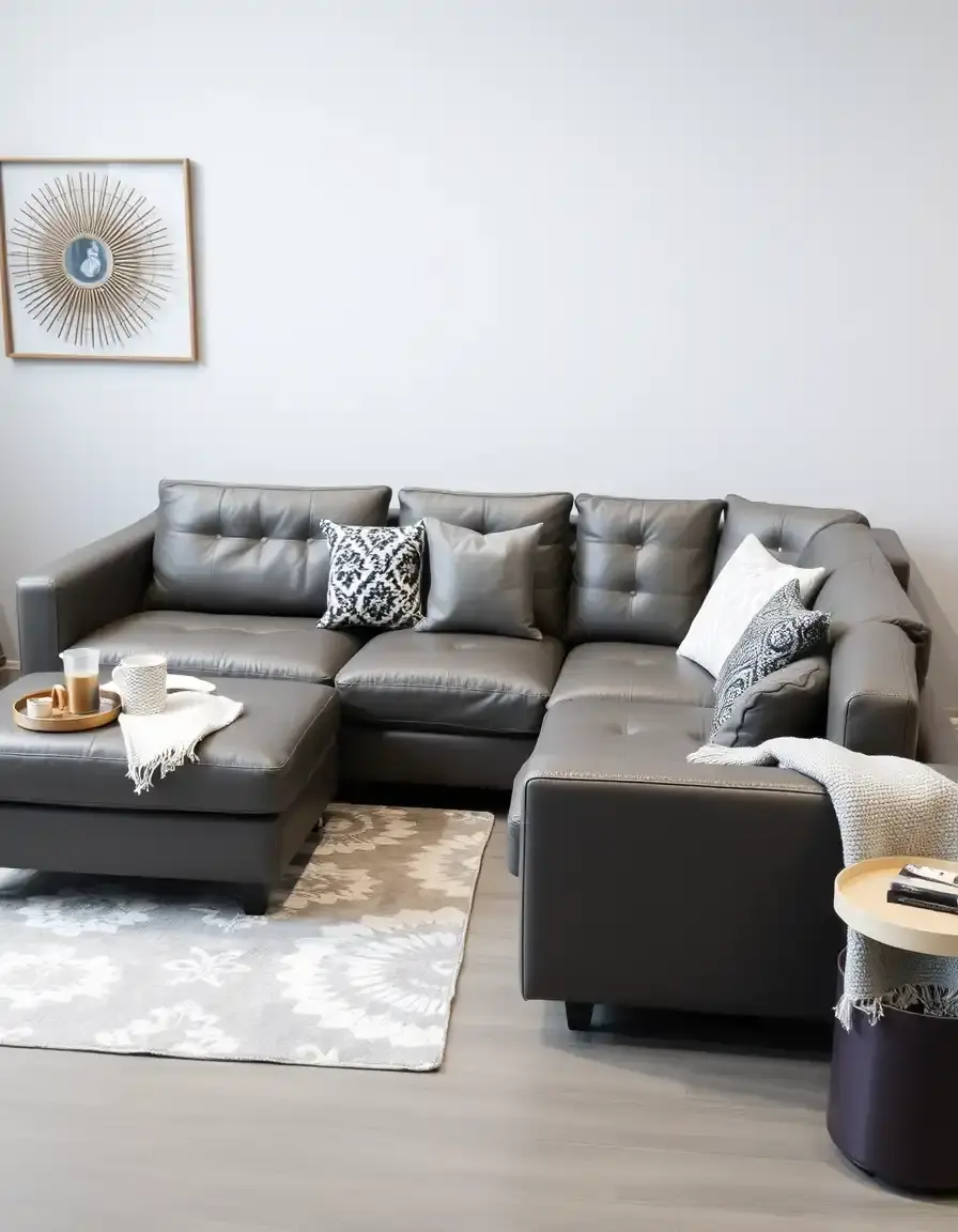 Gray modular corner leather sofa pieces in a minimalist studio