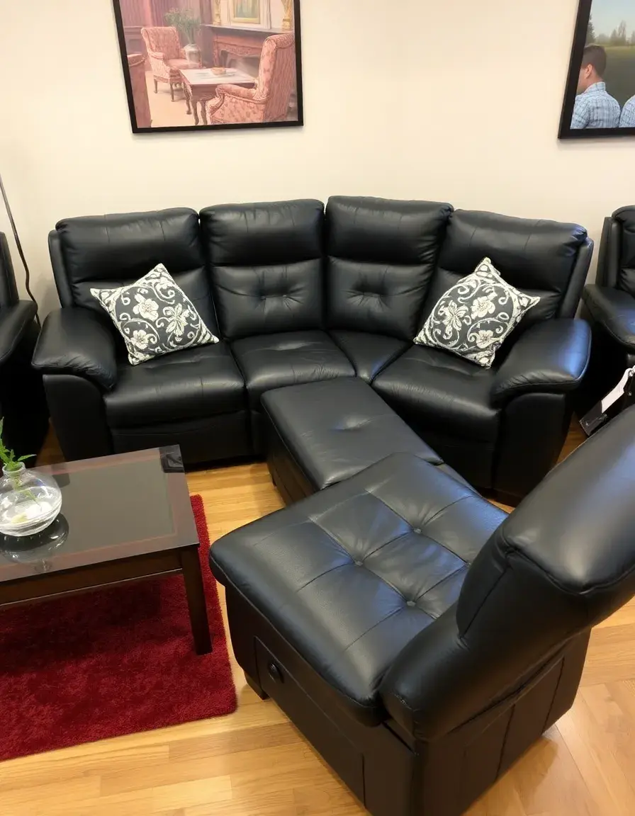 Black reclining corner leather sofa with headrests up