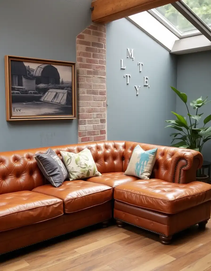 Distressed tan corner leather sofa with vintage vibes