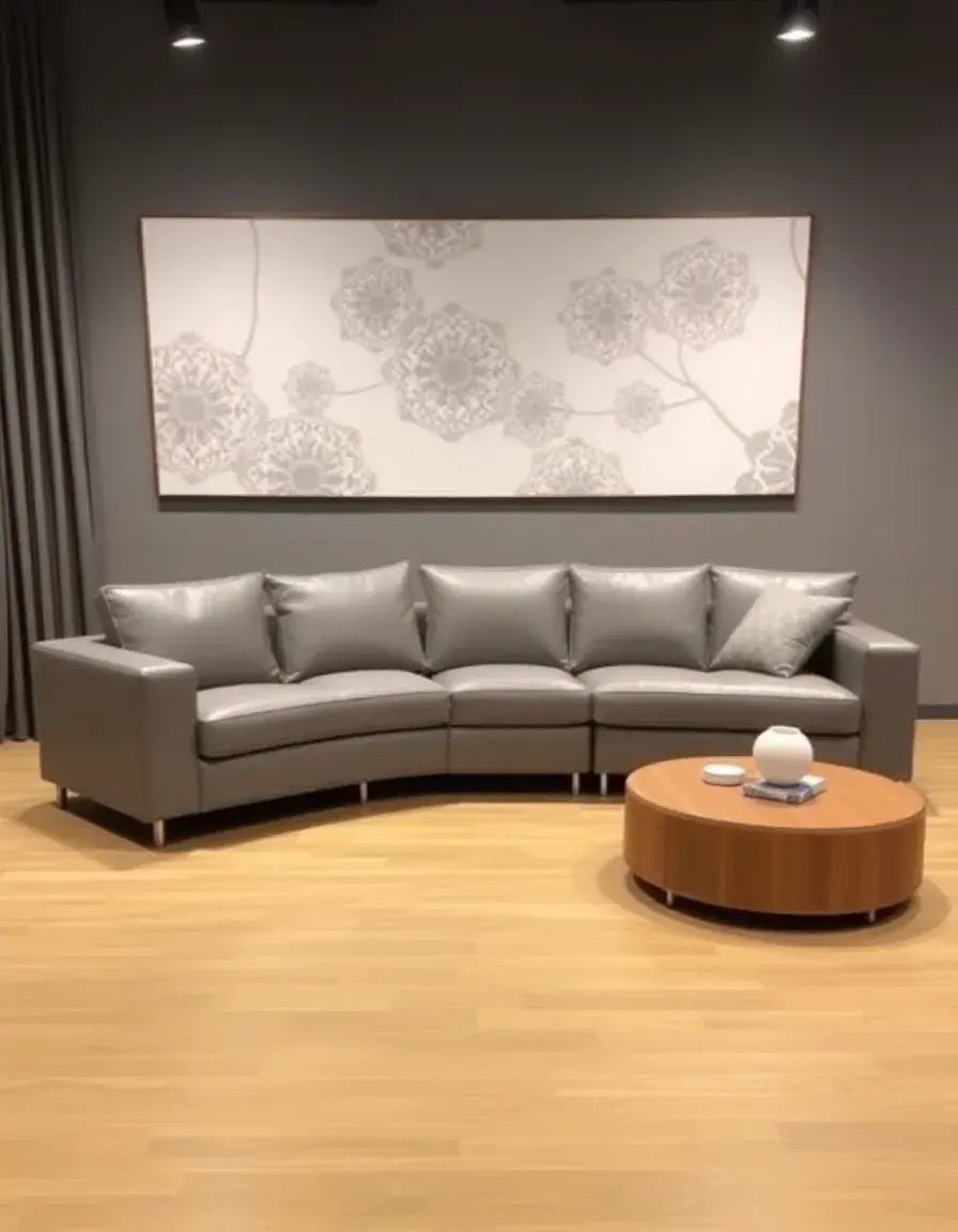 Sleek gray modern corner leather sofa with metal legs