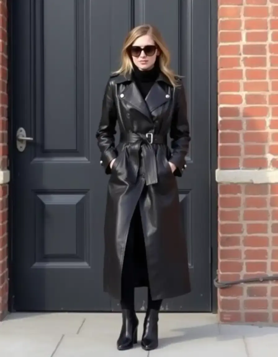 Black long leather trench coat styling