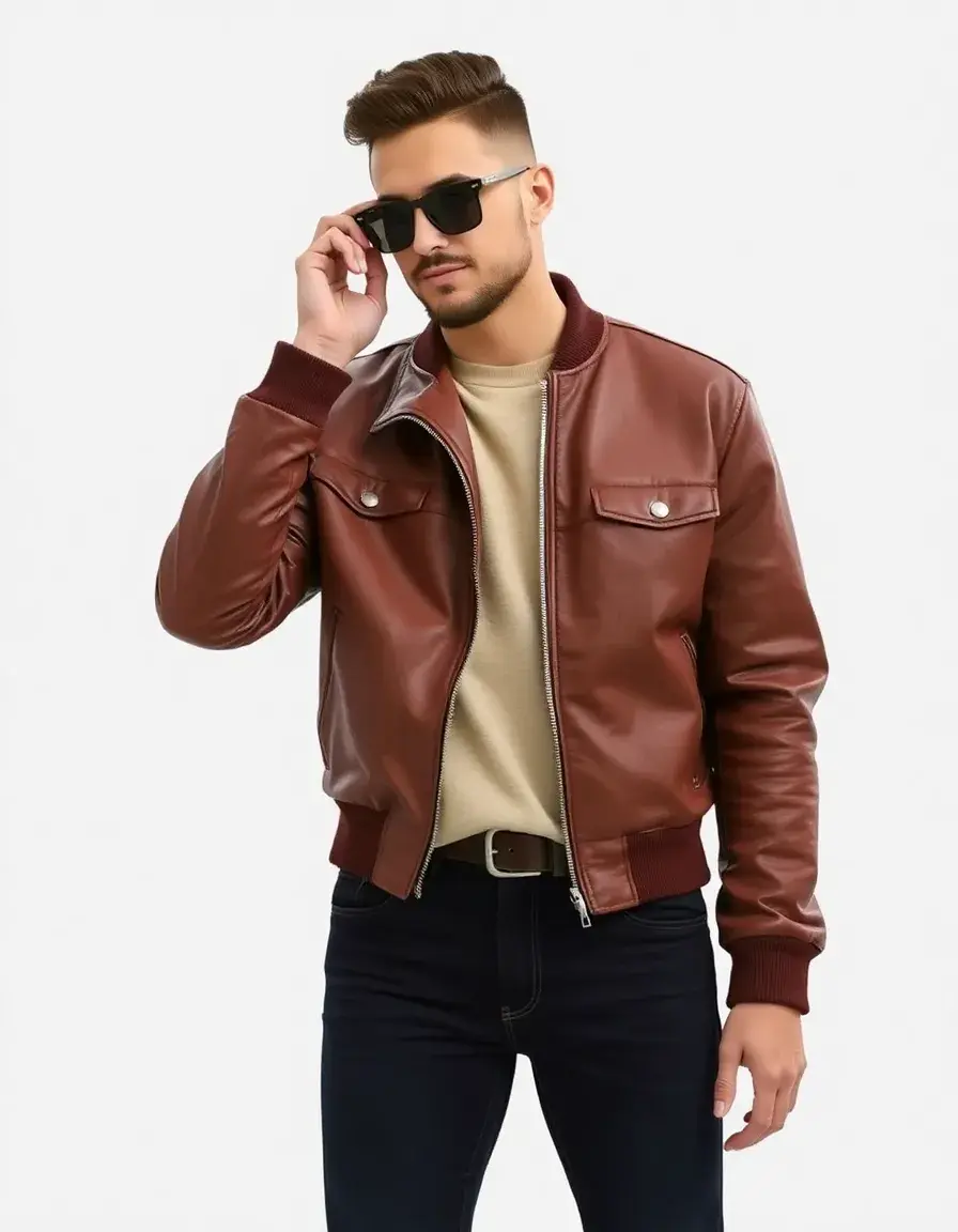 Brown short leather bomber jacket