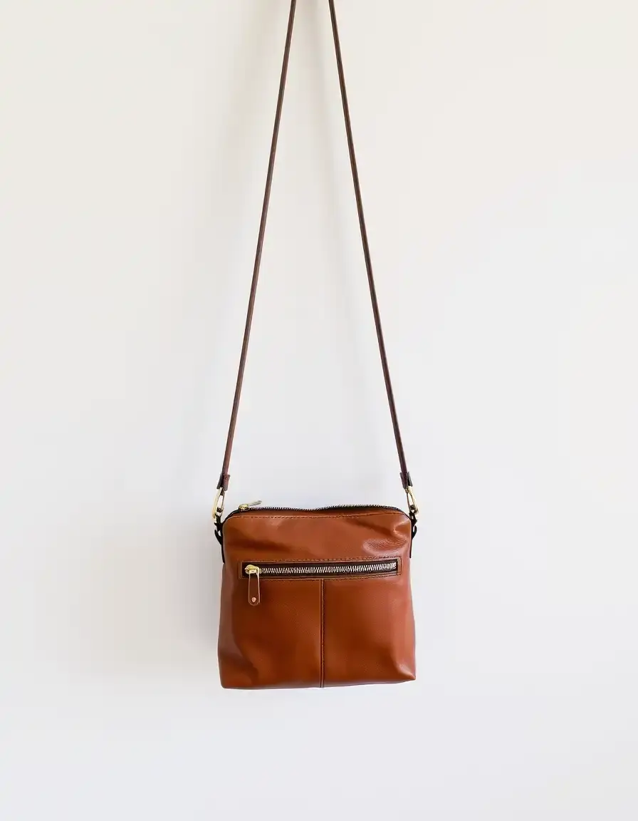 Brown large leather crossbody bag zippered