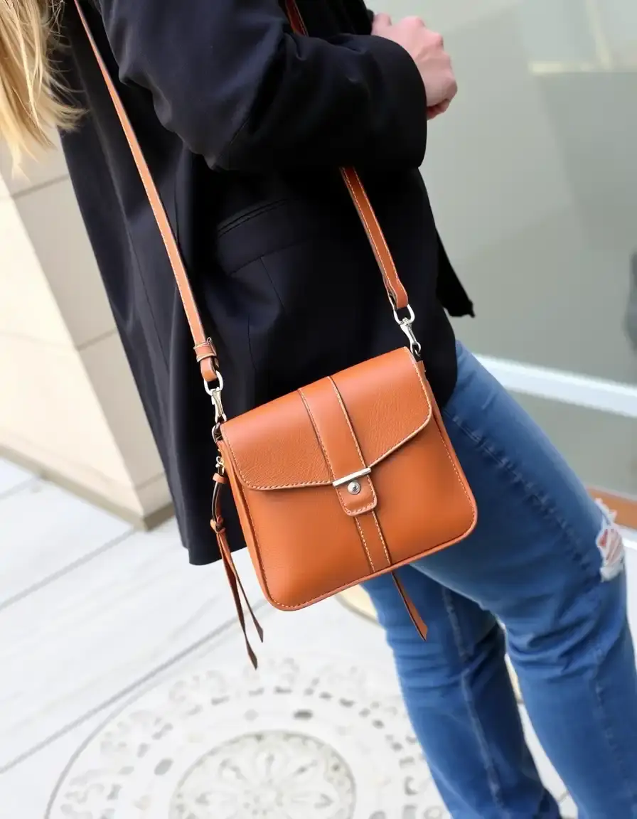 Tan designer leather crossbody bag