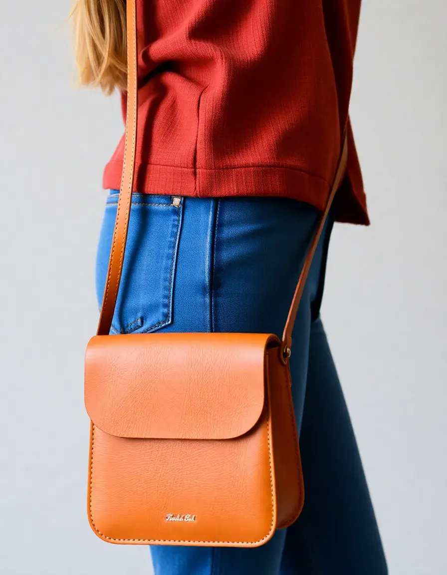 Simple tan minimalist leather crossbody bag on a neutral background