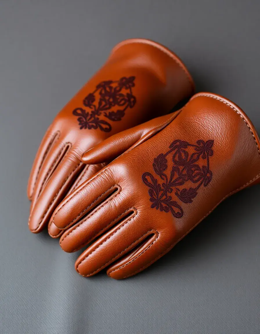 Embroidered brown leather glovelettes