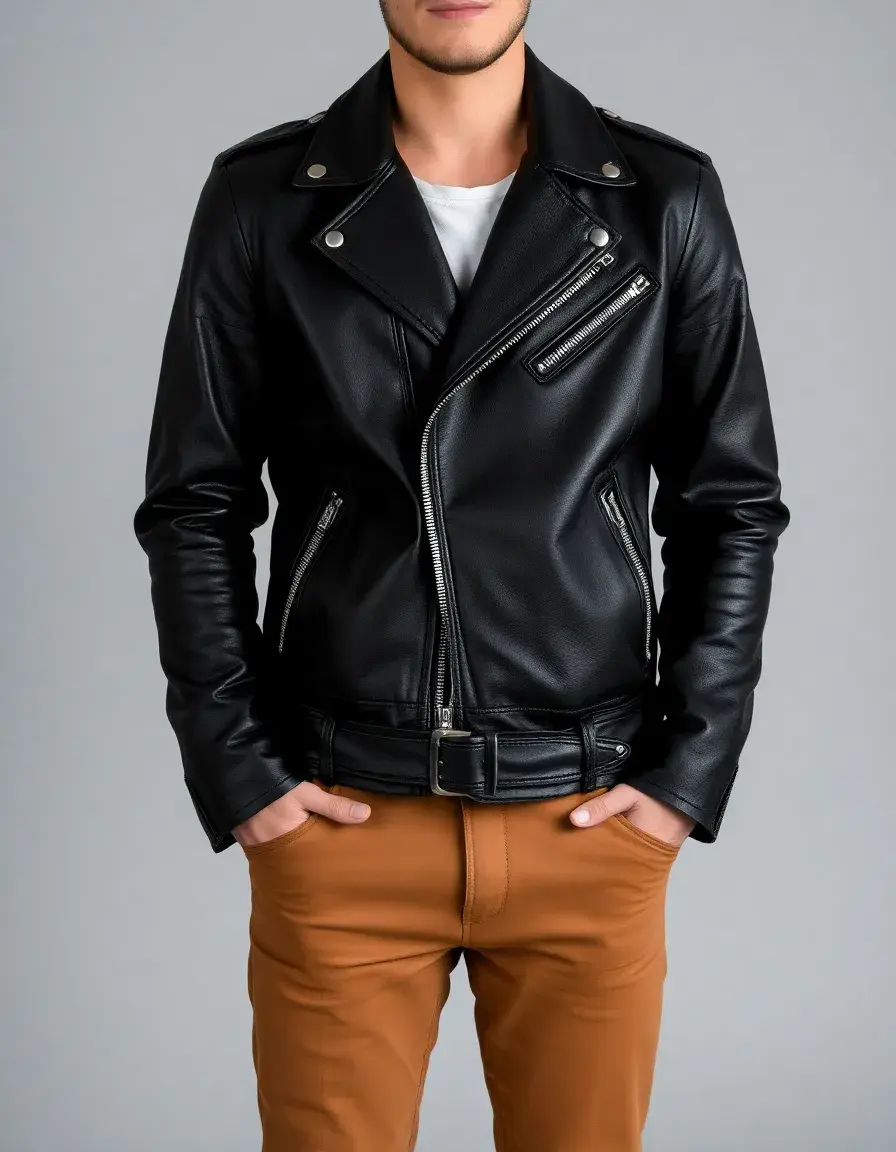 Classic black leather biker jacket showing high quality texture