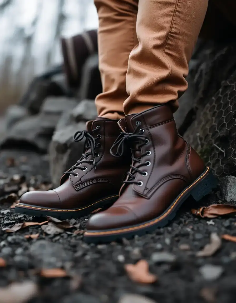 Brown combat men's leather boots with heavy soles