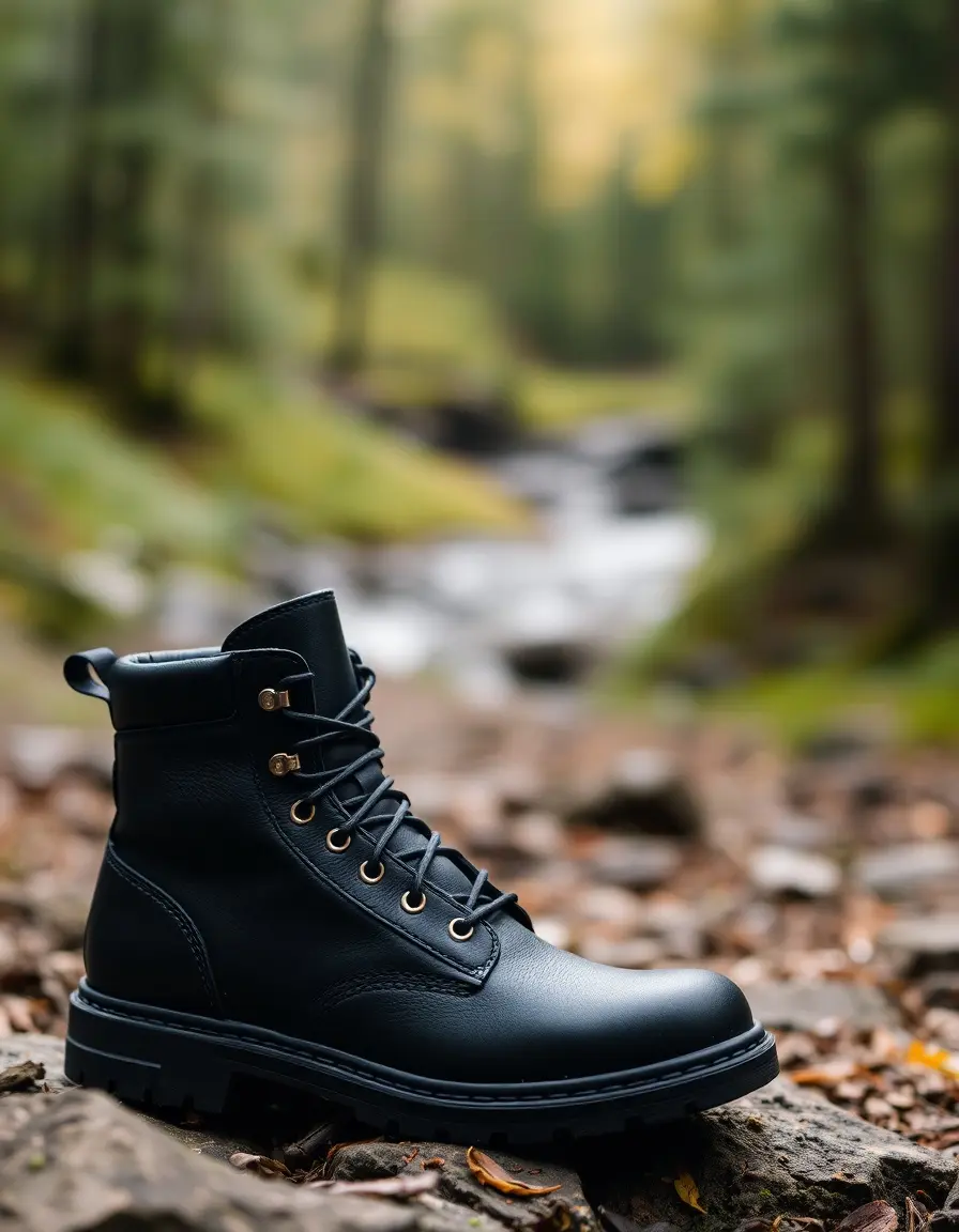 Black hiking men's leather boots with padded collar