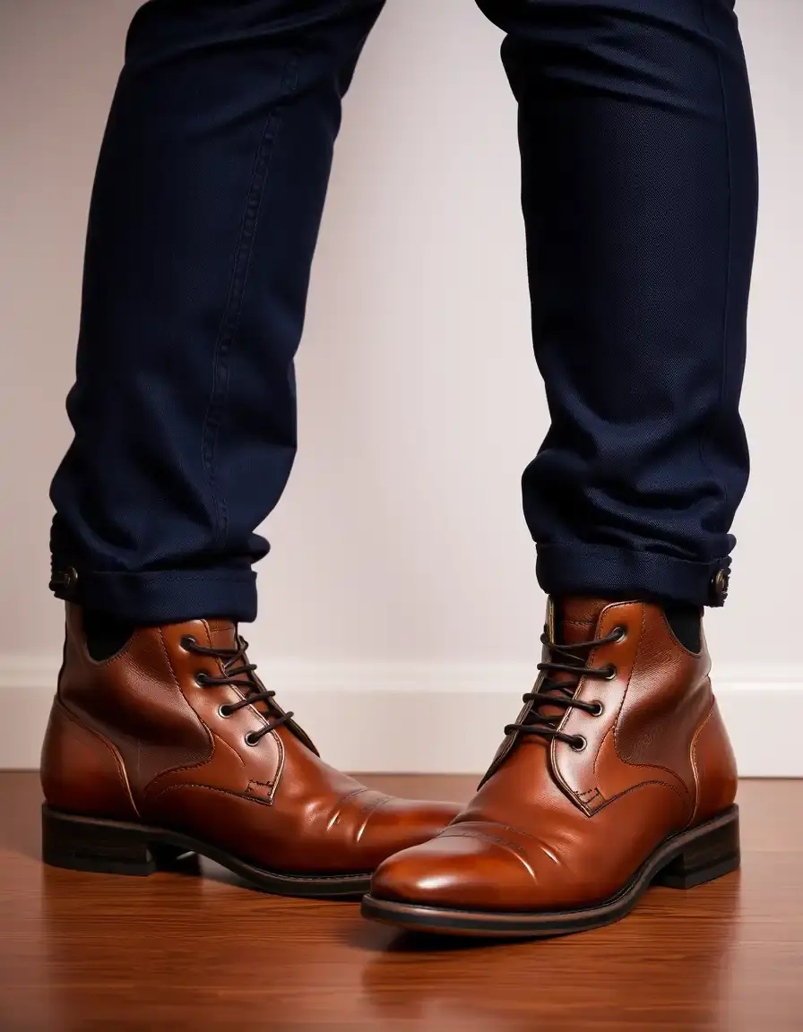 Brown dress men's leather boots with polished finish