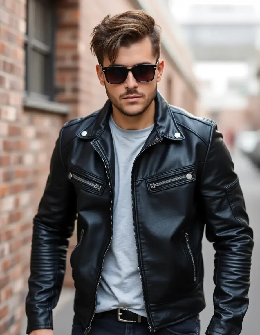 Close-up of a high-quality black leather biker jacket showing grain texture