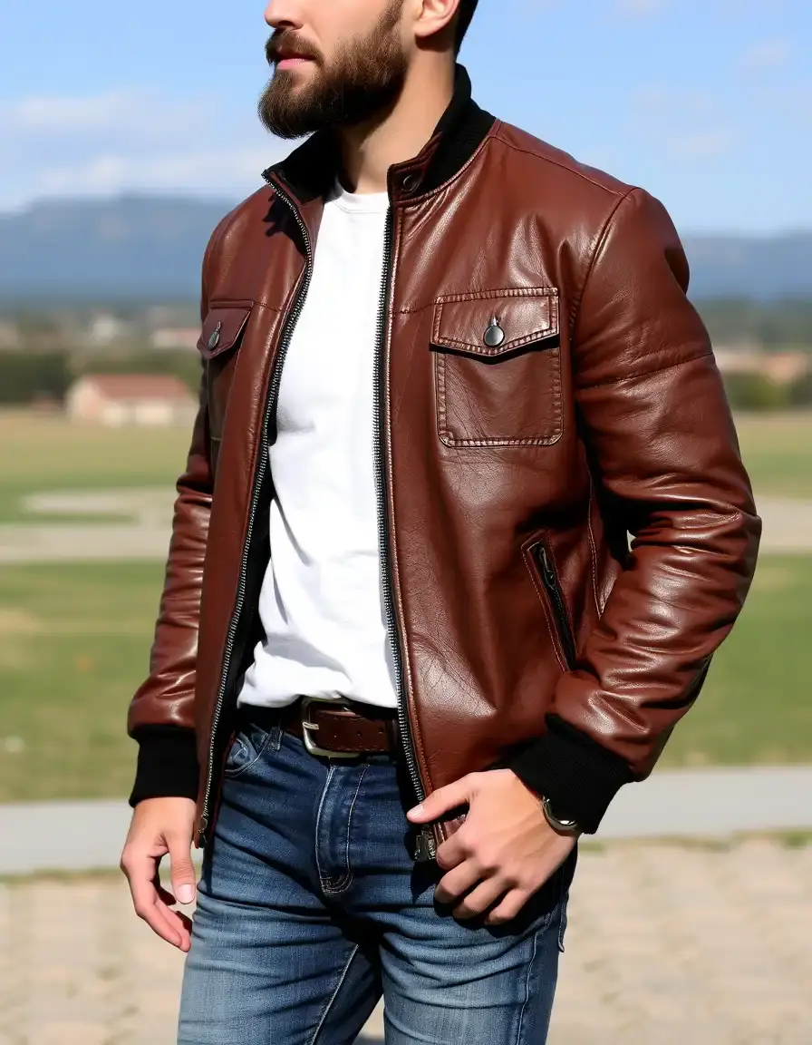 Brown bomber mens leather jacket