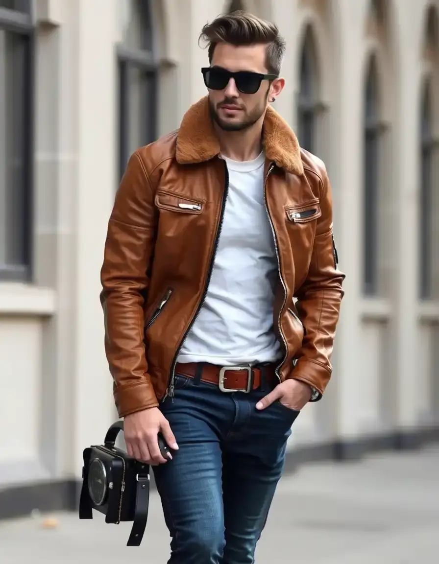 Tan aviator mens leather jacket