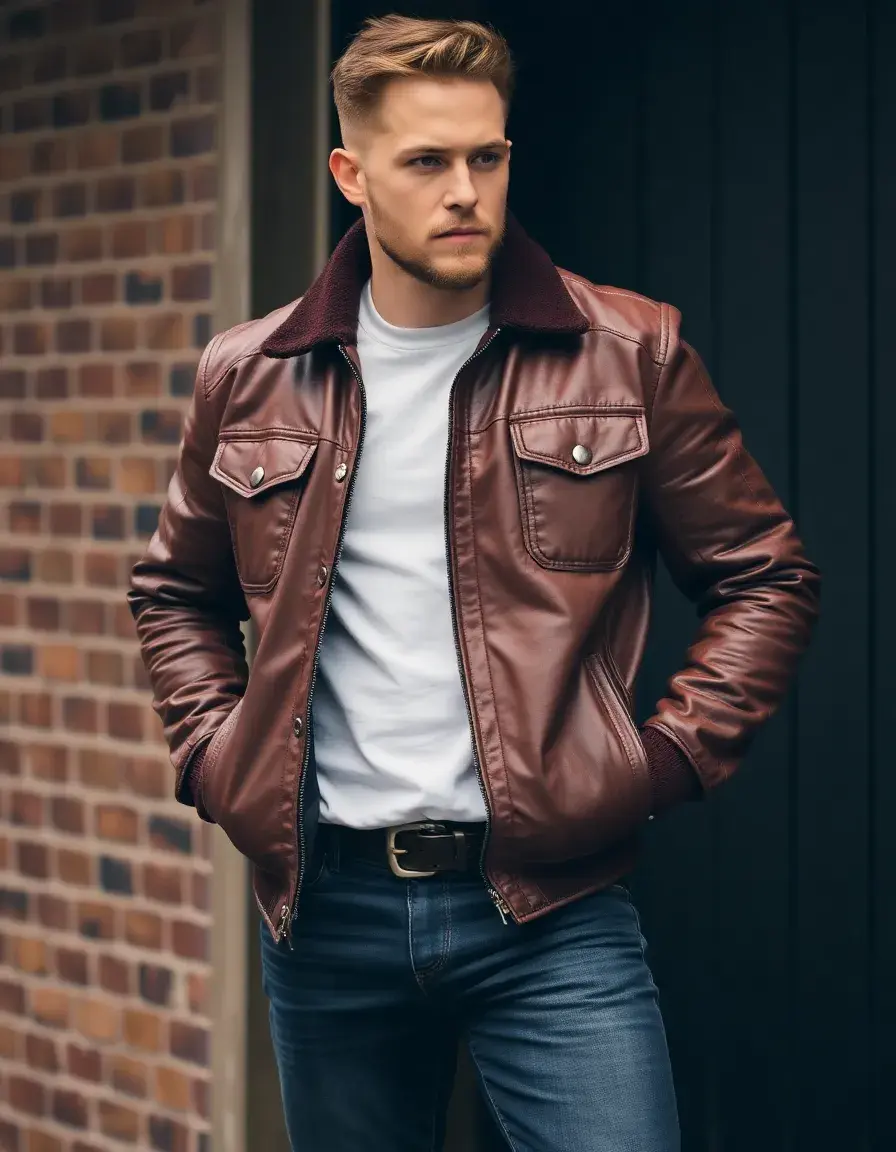 Brown trucker mens leather jacket