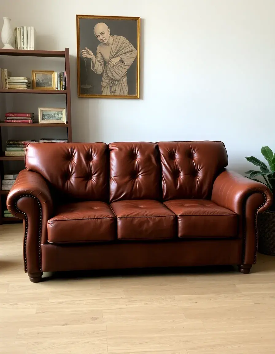Full leather couch in brown, three-seater in a cozy living room