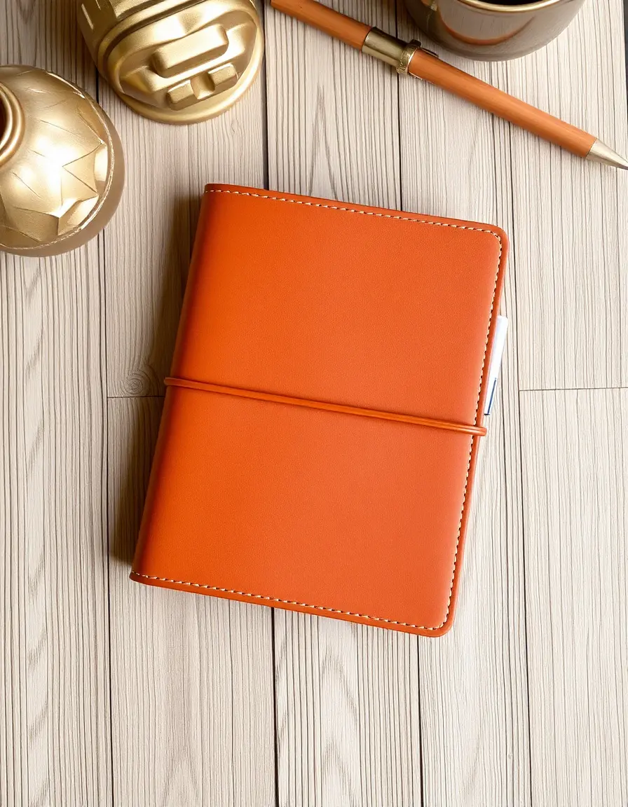 Tan PU leather bound notebook on a wooden desk