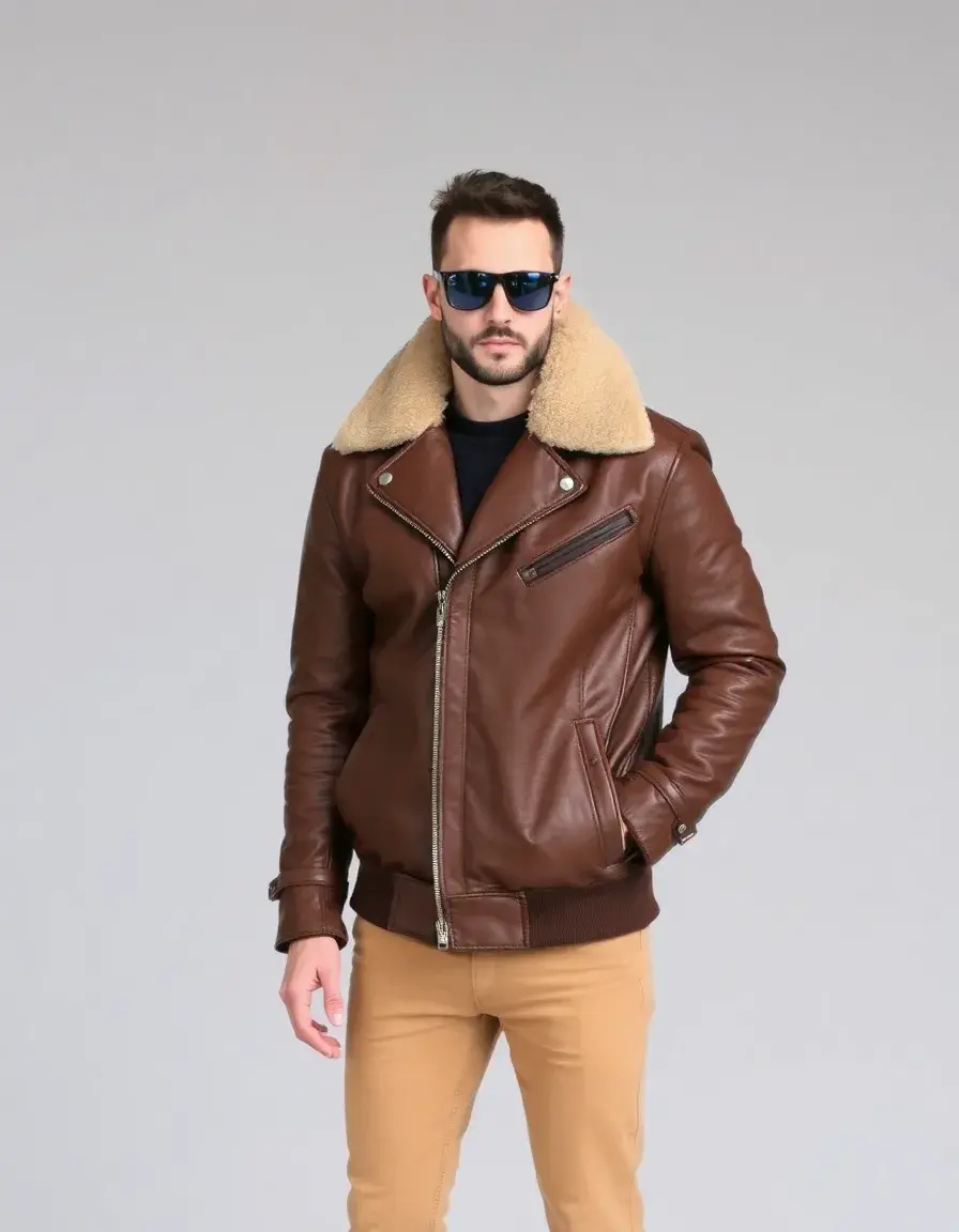 Classic Brown Shearling Aviator Jacket detail