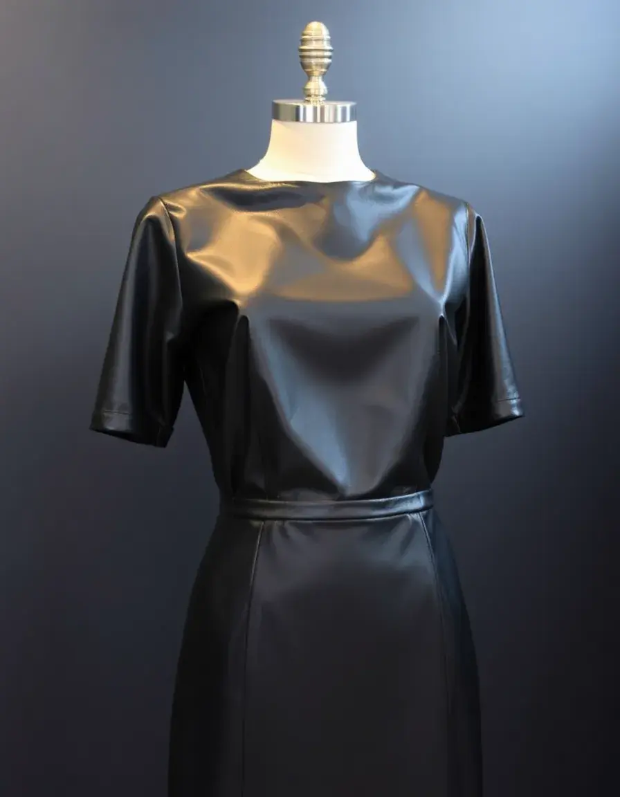 Black midi length leather dress on mannequin