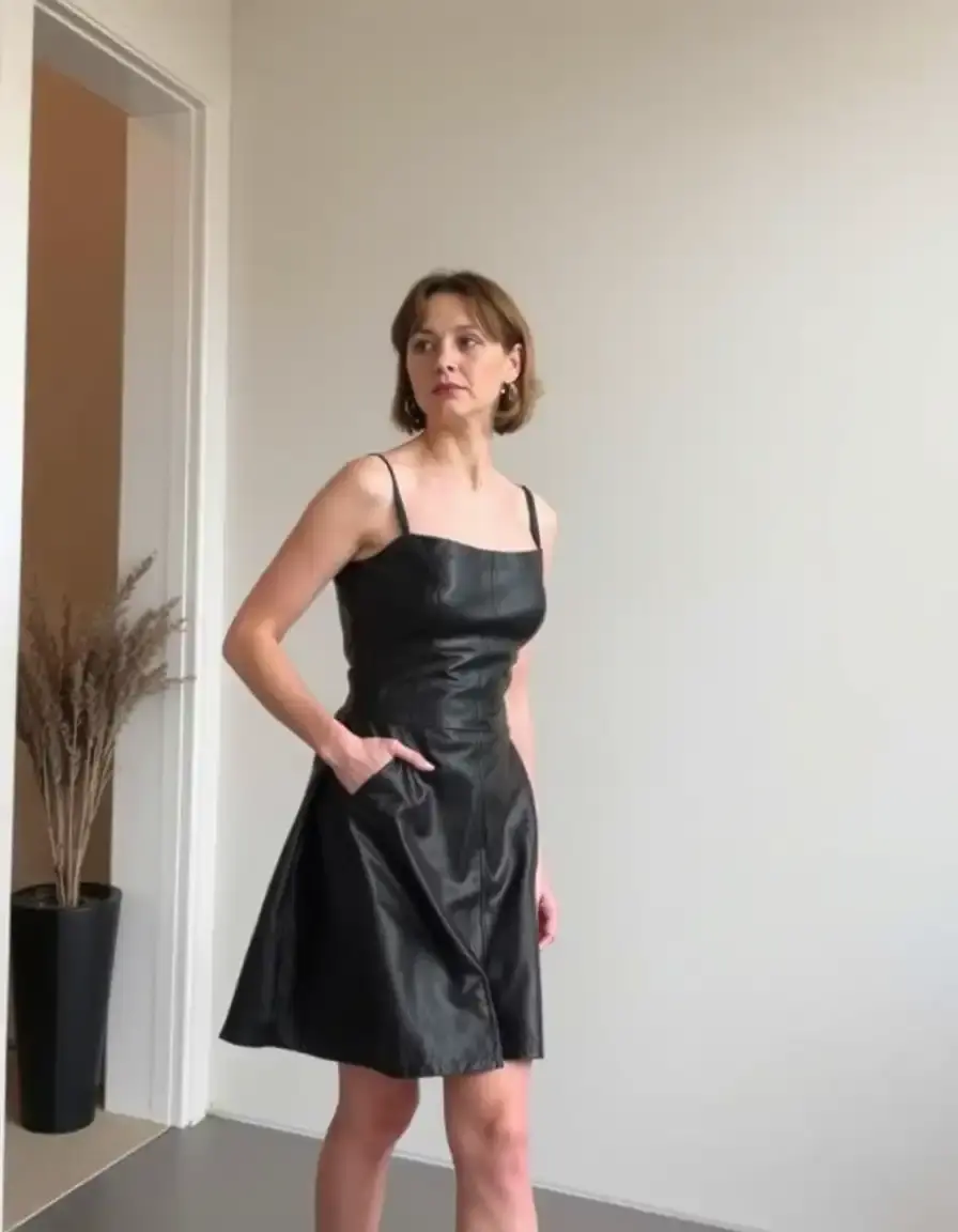 Black A-line leather dress flared