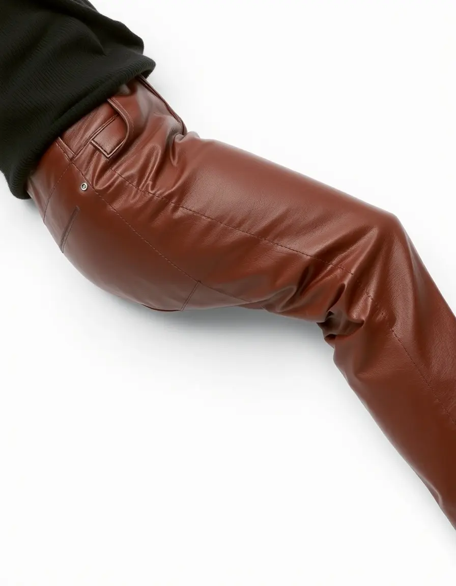 Straight leg brown leather pants folded showing quality grain