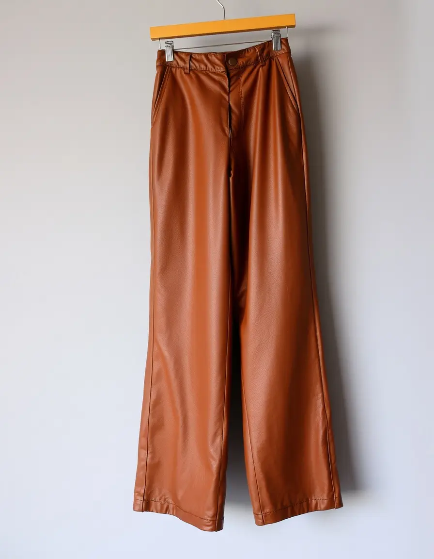 Wide leg brown leather pants hanging in a stylish closet