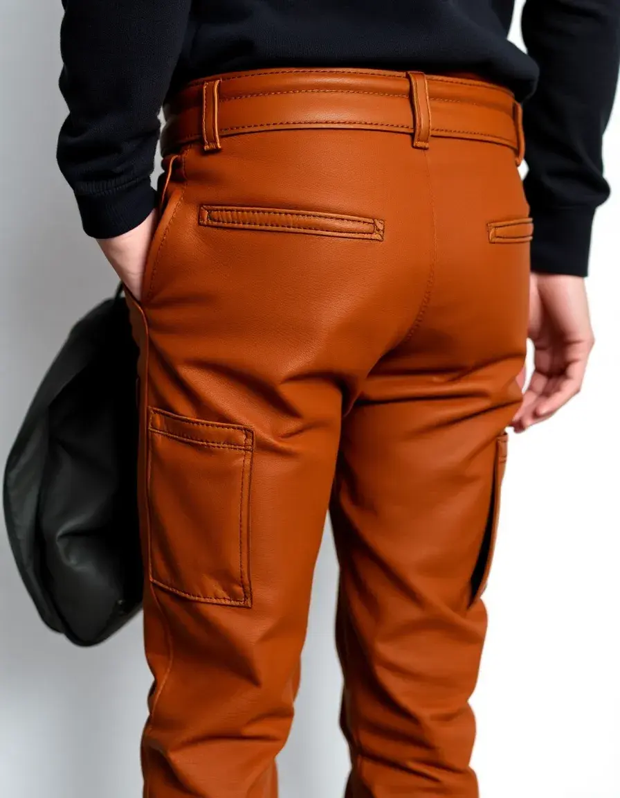 Cargo pocket brown leather pants in a rich tan color