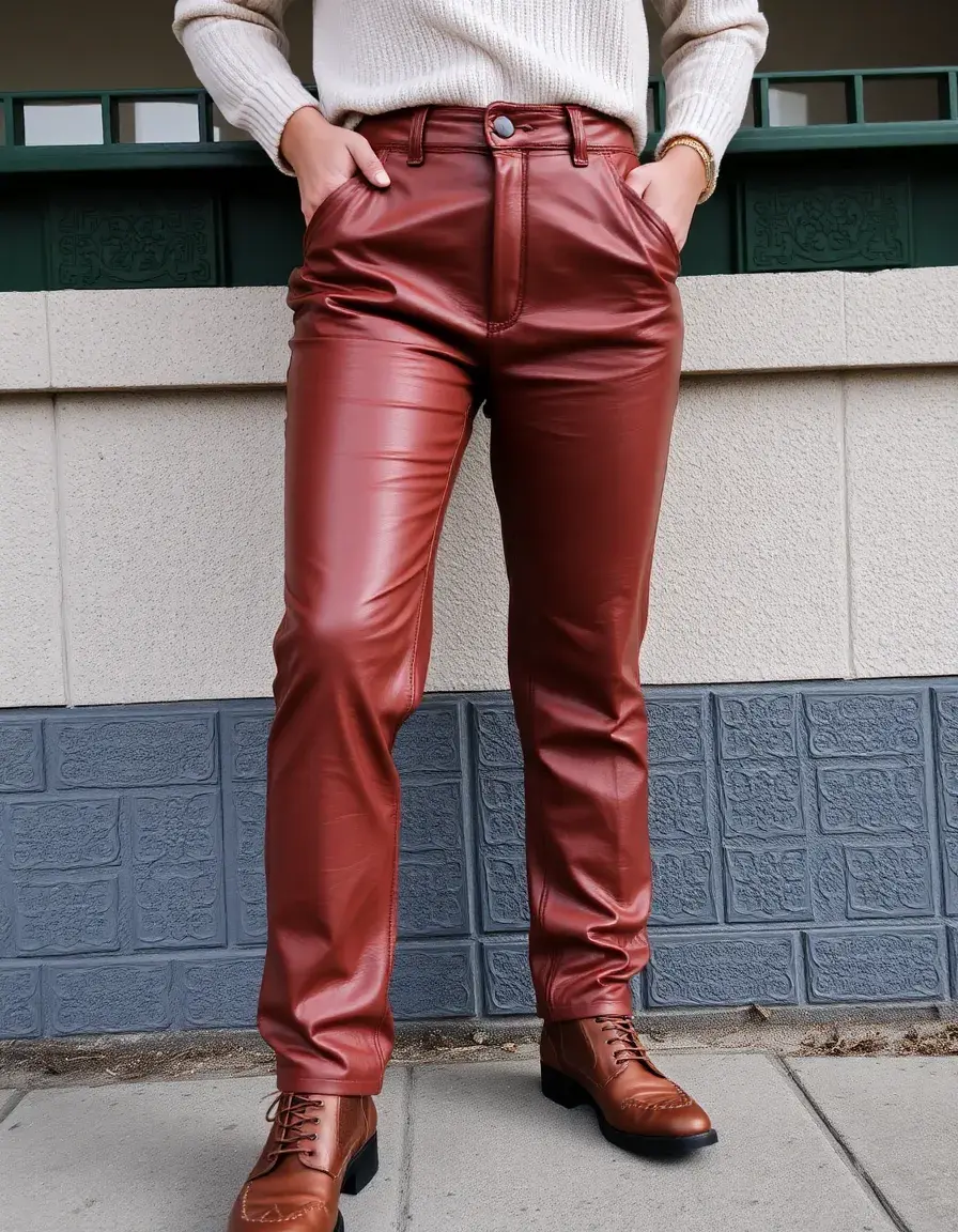 High waisted brown leather pants showing flattering fit