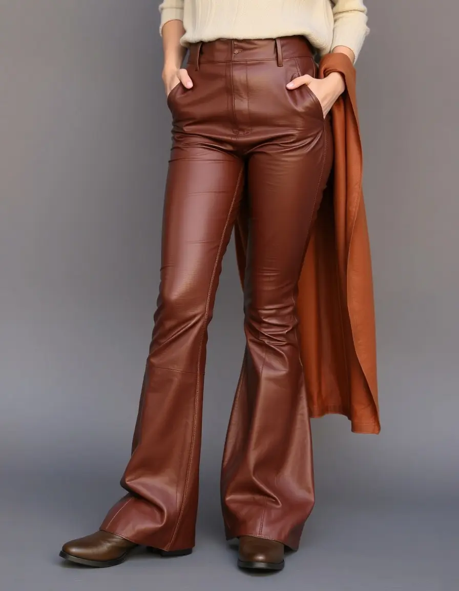 Flared bottom brown leather pants with vintage styling