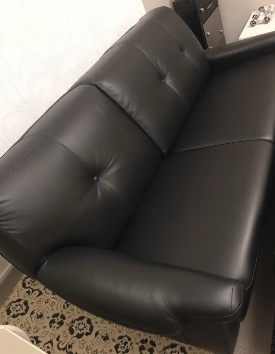 Modern black 3-seater faux leather couch in a bright living room