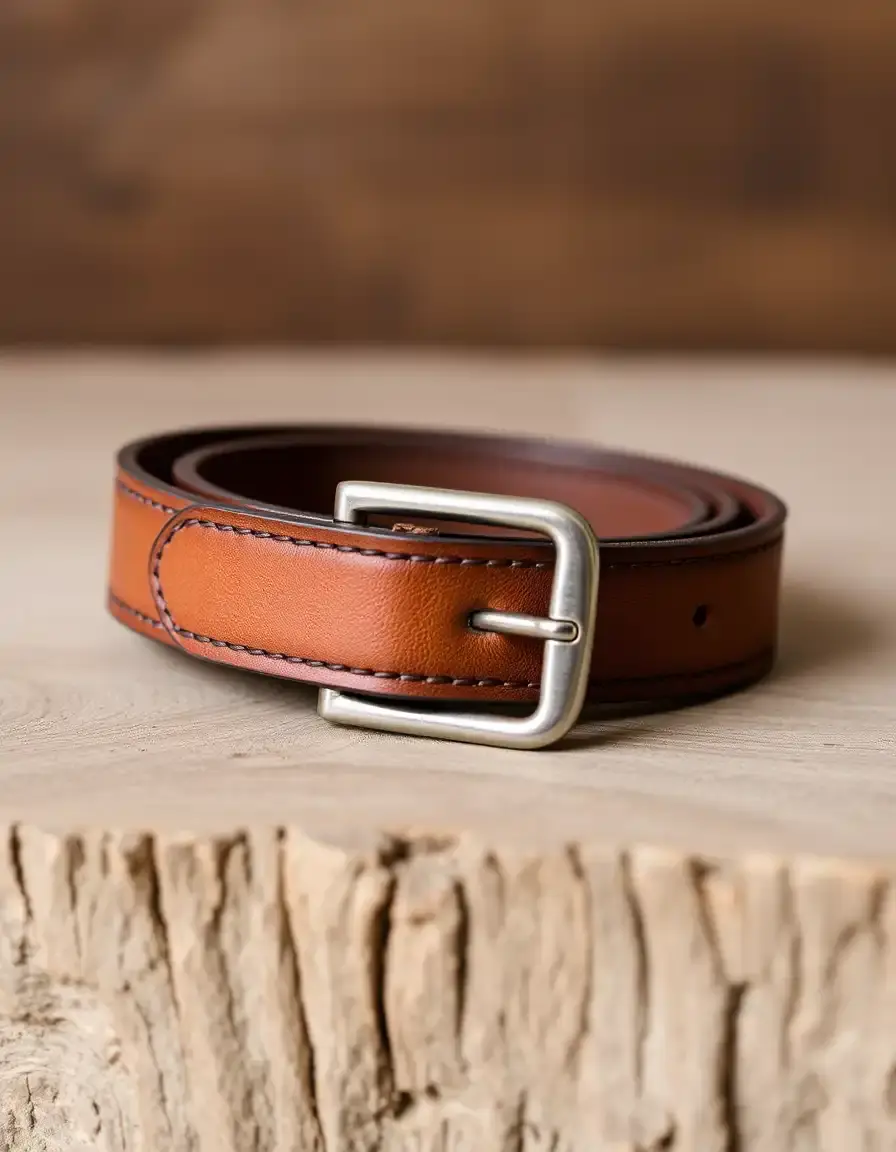 Brown full grain leather belt coiled
