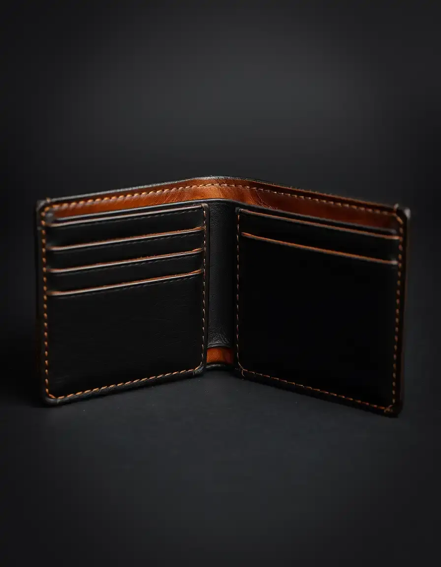 Black full grain leather wallet open
