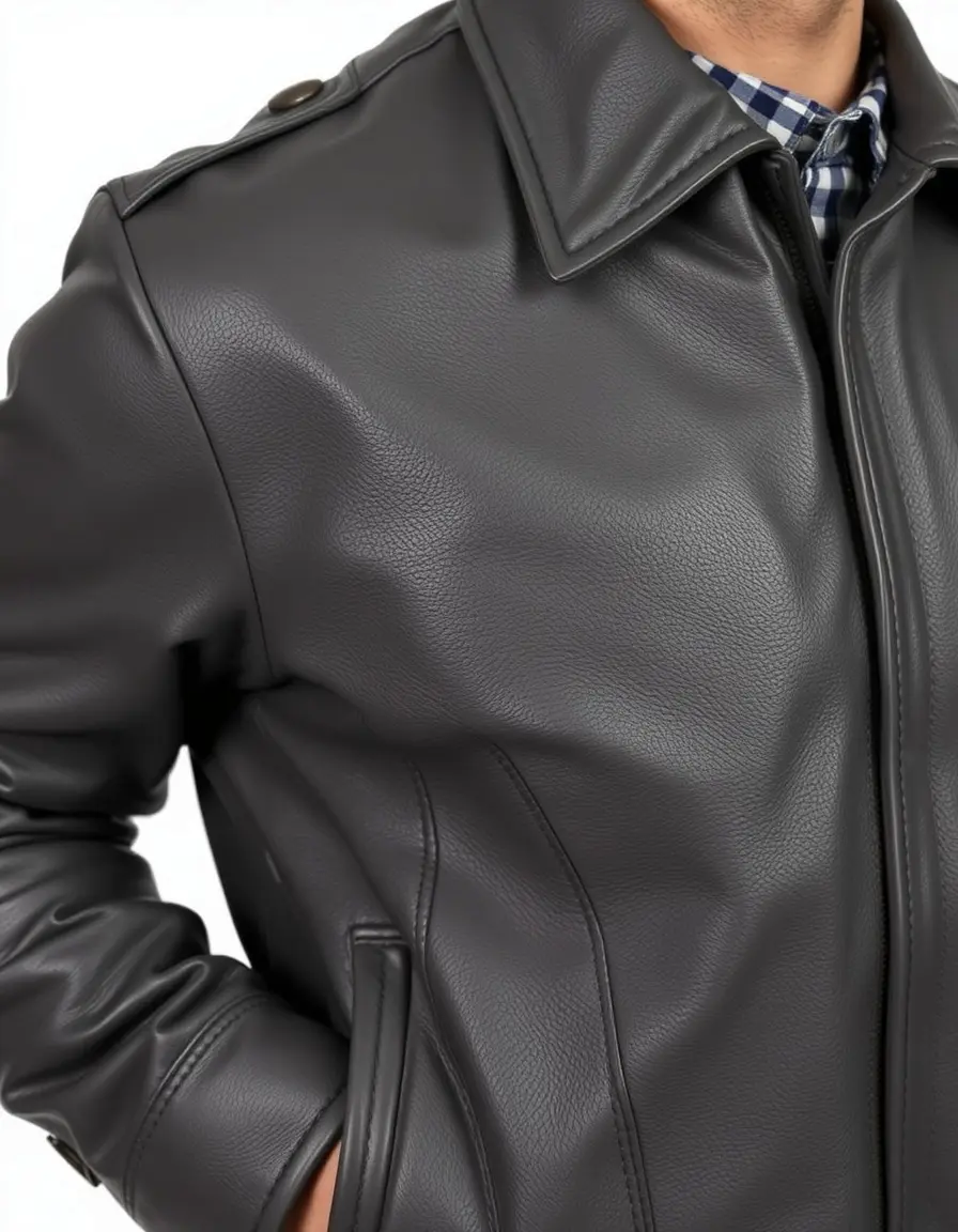 Gray full grain leather jacket showing natural grain and heavy duty zippers