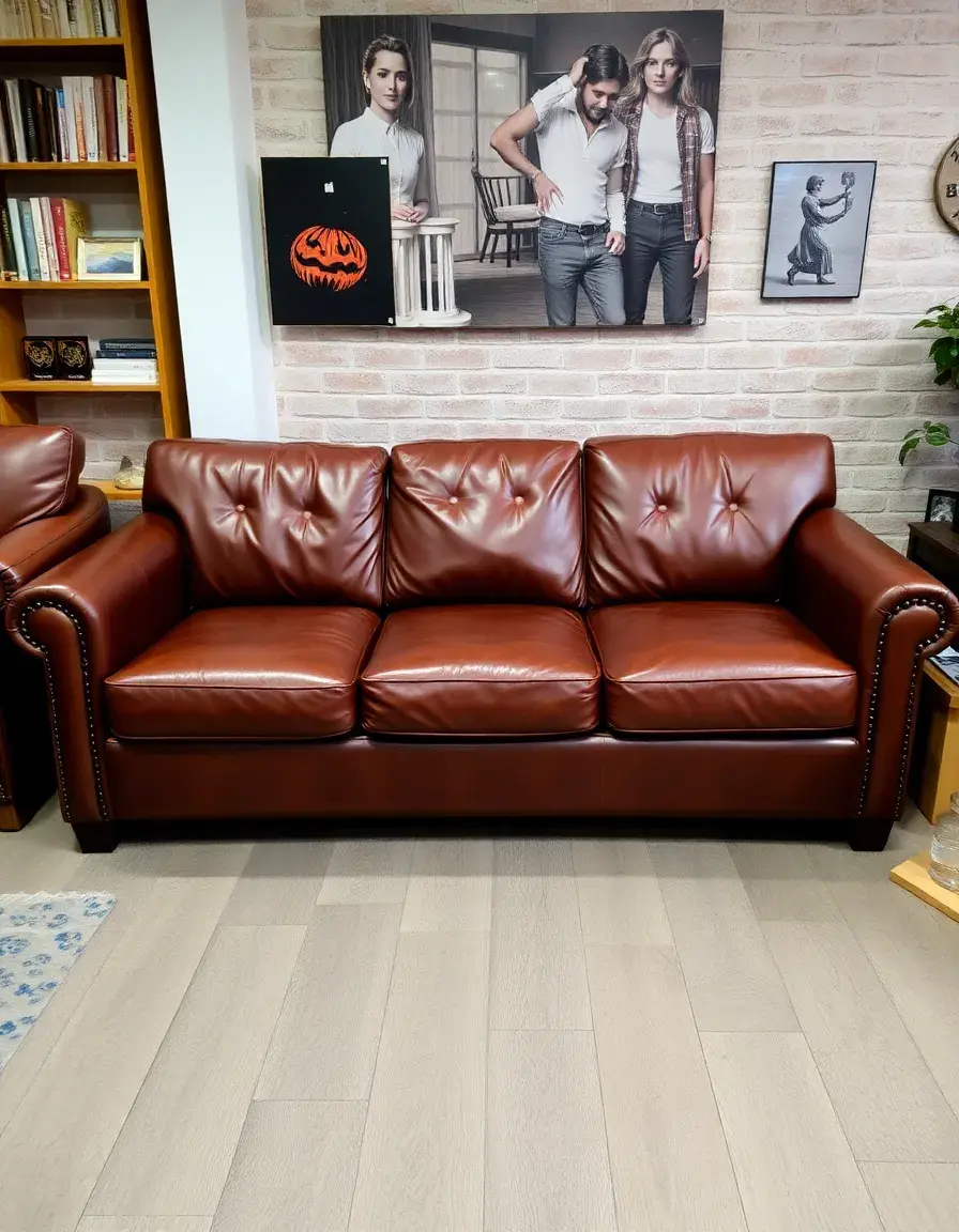Brown 3-seater full grain leather sofa in a modern living room