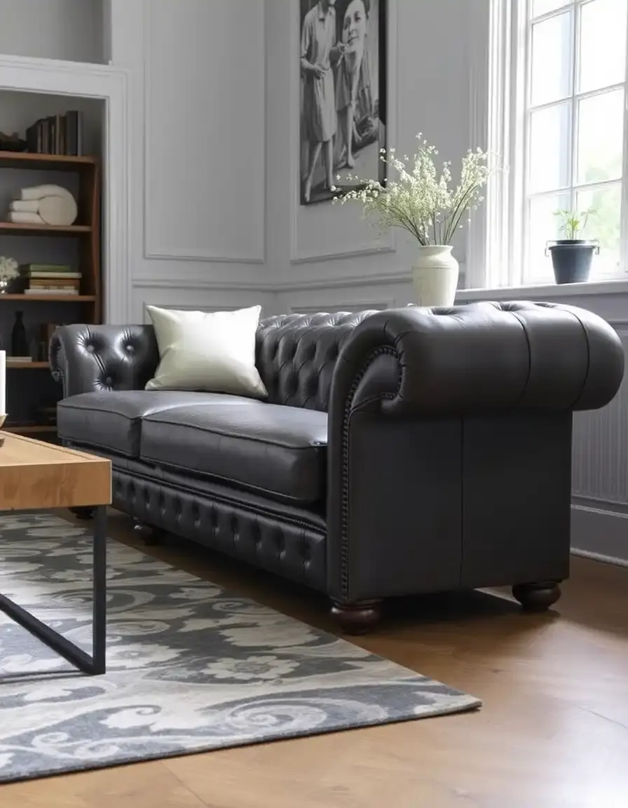 Gray Chesterfield full grain leather sofa