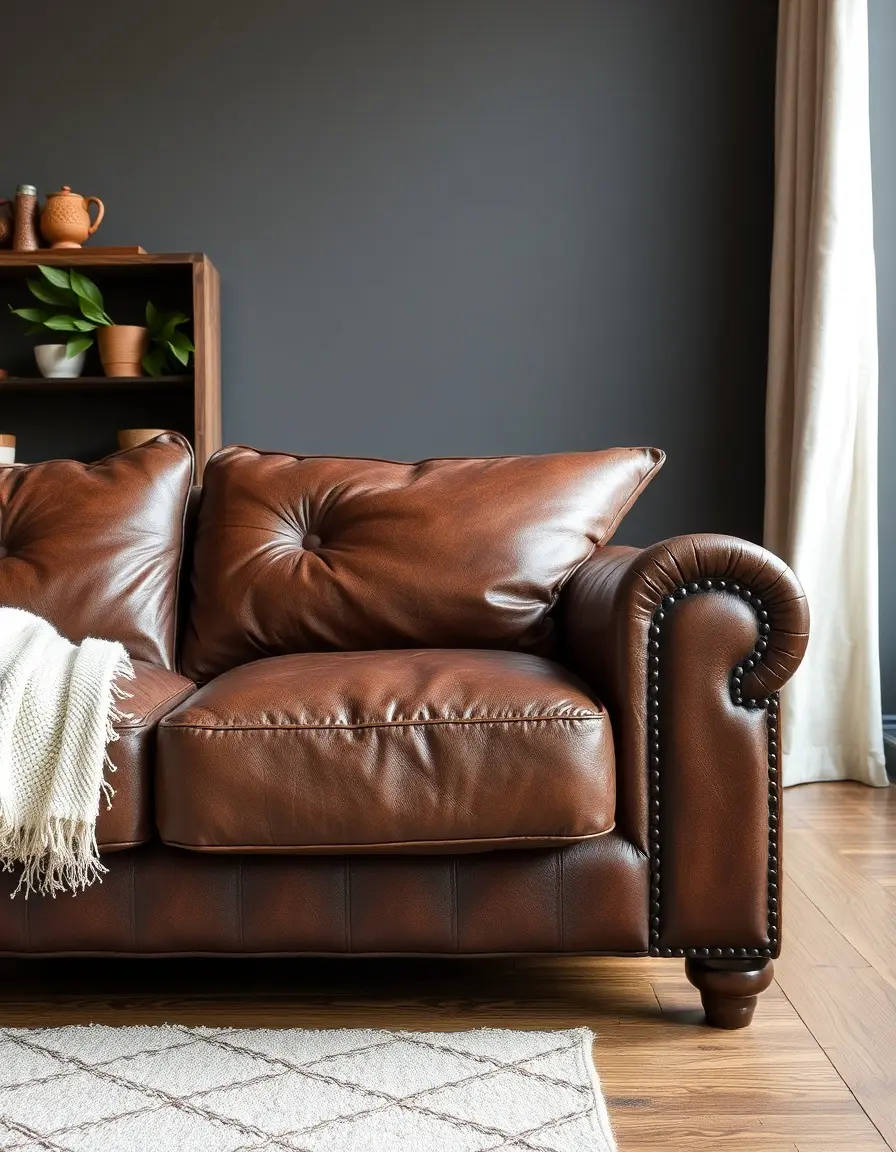 Distressed brown full grain leather sofa