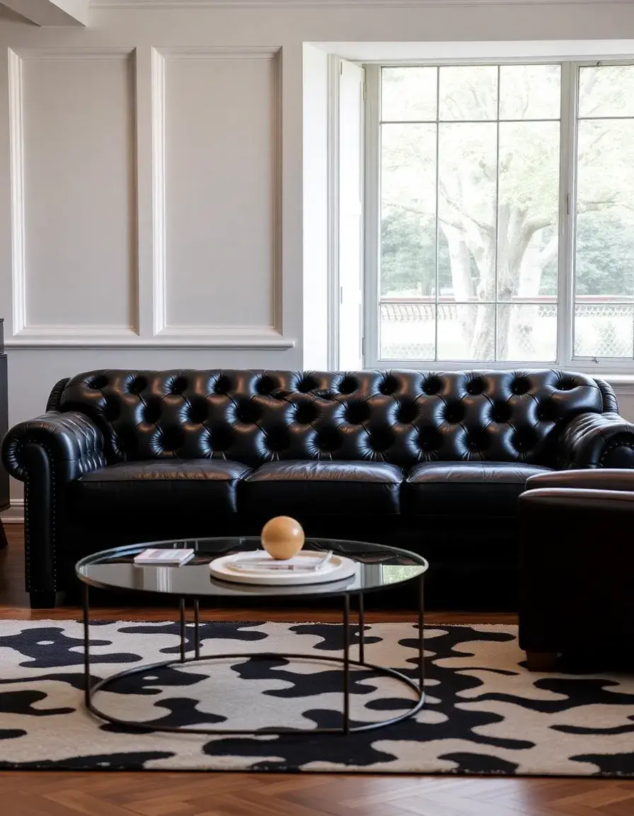 Tufted black full grain leather sofa