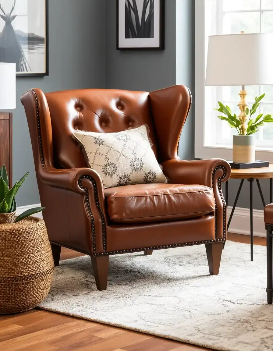 Brown wingback leather accent chair in a cozy room