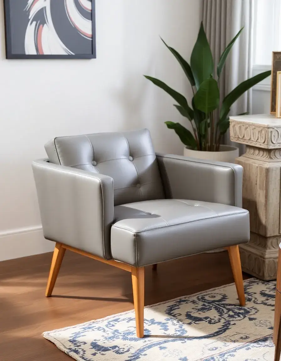 Armless gray leather accent chair